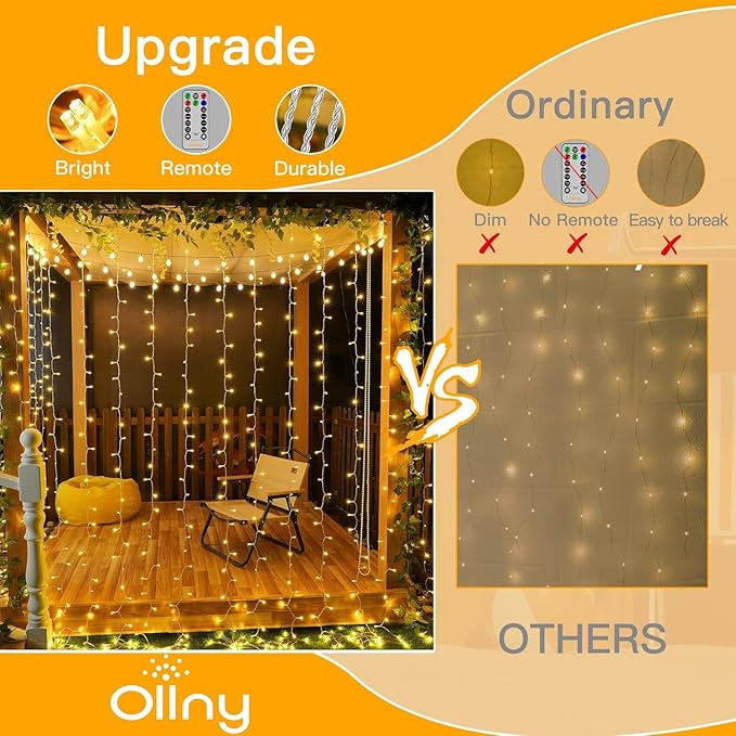 Ollny 2 Pack Curtain String Lights Warm White, 400LED 6.6x6.6ft Fairy Lights - Image 3