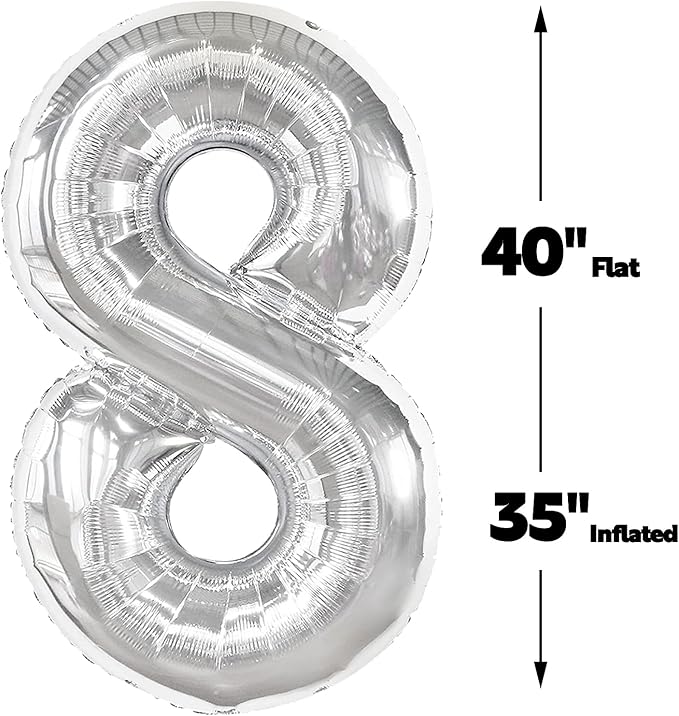 Silver Foil Number 8 Balloon 40 Inch, Helium Mylar Eight Number 8 18 28 38 48 - Image 2