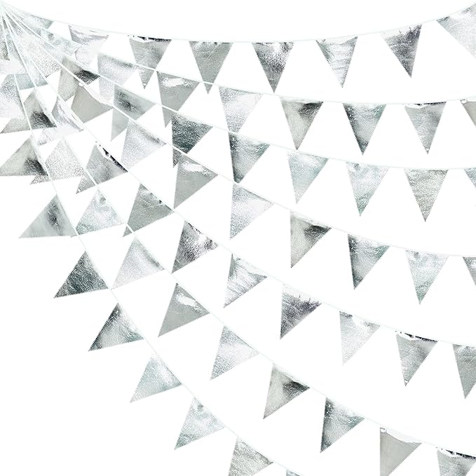 Silver Party Decorations Metallic Fabric Triangle Pennant Banner Silver Flag by pinkblume