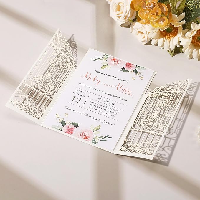 50PCS Gold Glitter Wedding Invitations Laser Cut Invitations - Image 6