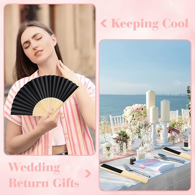6 Pieces Black Hand Held Bamboo Folding Fans Foldable Paper Fans Handheld - Image 5