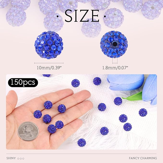150 pcs 10mm Rhinestone Beads for Jewelry Making, Dark Blue Shiny Round - Image 2