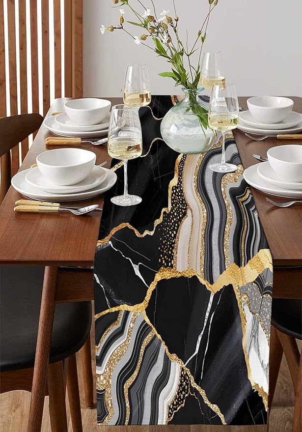 Geometric Black Marble Cotton Linen Table Runner - Image 2