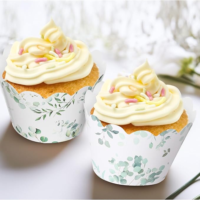 Domensi 100 Pcs Eucalyptus Cupcake Wrappers Rustic Cupcake Liners Green Tulip - Image 2