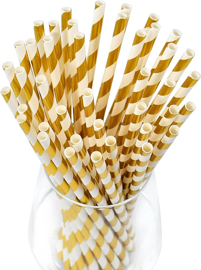 7.75 inch Gold/White Striped Paper Straws - Image 2