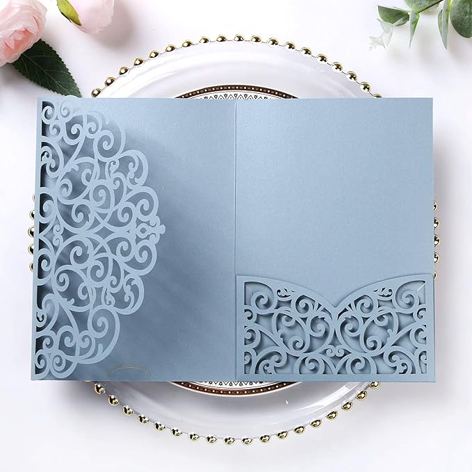 PONATIA 5.12 x 7.2 Dusty Blue Laser Cut Invitation Pocket by ponatia