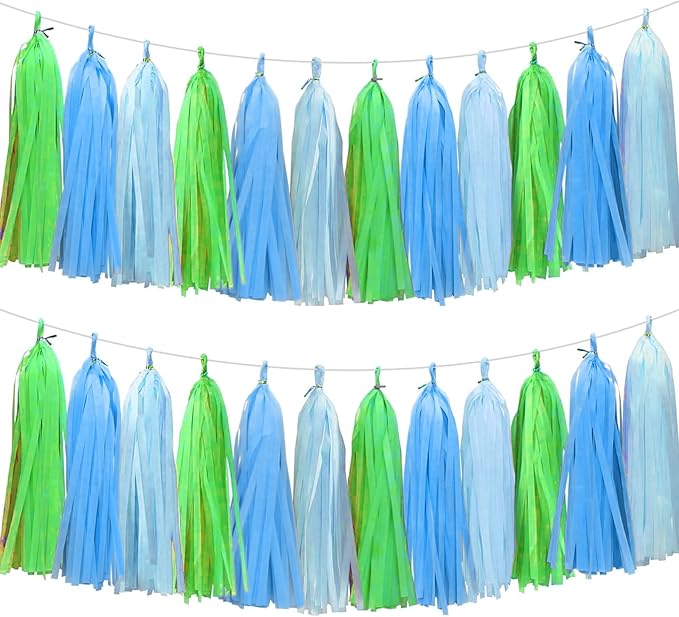 Blue Light Blue and Green Tassel Garland Banner Paper Tassels by Aimto