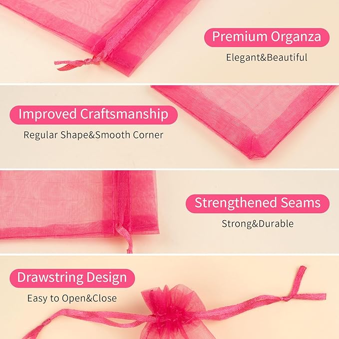 50 Pcs Hot Pink Organza Bags, 3x4 Inch Small Mesh Bags Drawstring Jewelry Pouch - Image 3
