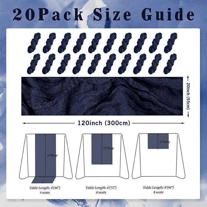 20 Pack Navy Blue Cheesecloth Table Runner 10FT Boho Fabric Rustic Cheese Cloth - Image 2