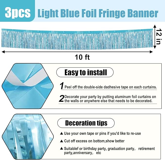 3 Pack 10 Feet Light Blue Metallic Foil Fringe Garland Wall Hanging Tassle - Image 2