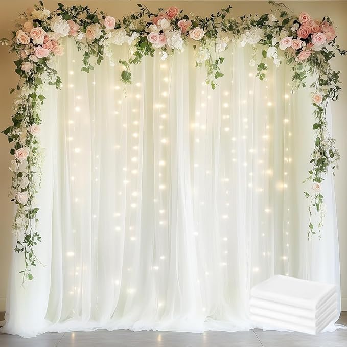 Fomcet Tulle Curtains with Lights String Ivory 20FT X 8FT Sheer Backdrop by Fomcet