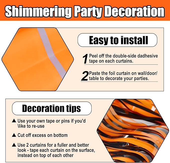 3 Pack Black Orange Foil Fringe Curtain Backdrop, 3.28Ft x 8.2Ft Metallic - Image 3
