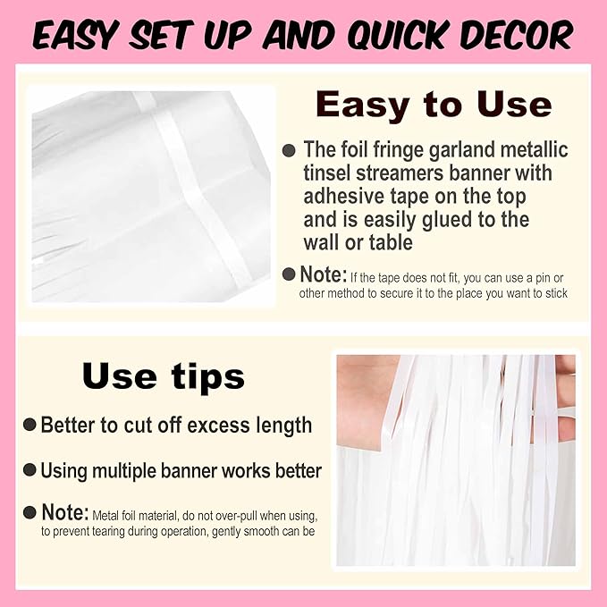 6 Pack 10 Ft Macaron White Foil Fringe Garland Metallic Streamers Tinsel Banner - Image 3