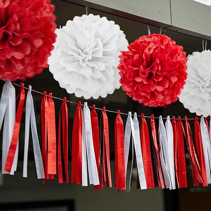 Capesaro Red and White Paper Pom Poms - Image 4