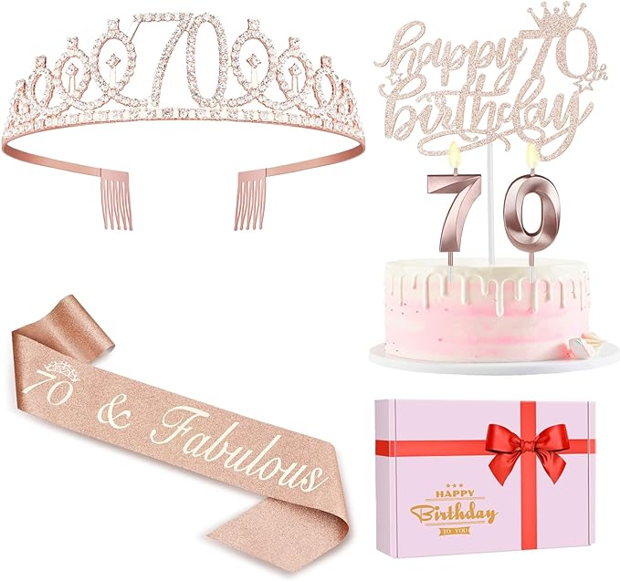 70th Birthday Decorations for Women, Including Sash, Crown/Tiara, Cake Topper by JueslyBirthdayParty