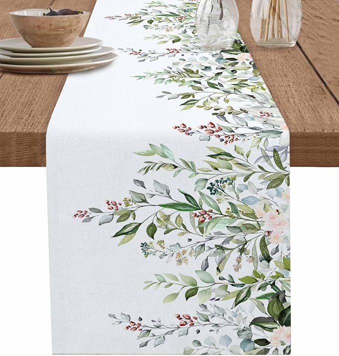Botanical Eucalyptus Cotton Linen Table Runner by Unknown