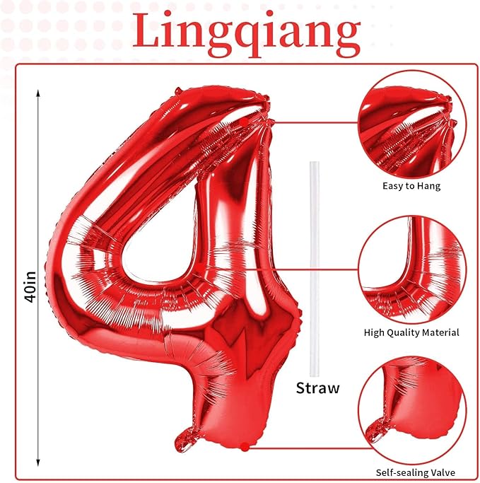 40 Inch Red Foil Balloon Number 4, Giant Self Inflating Number Balloons 0-9 - Image 2