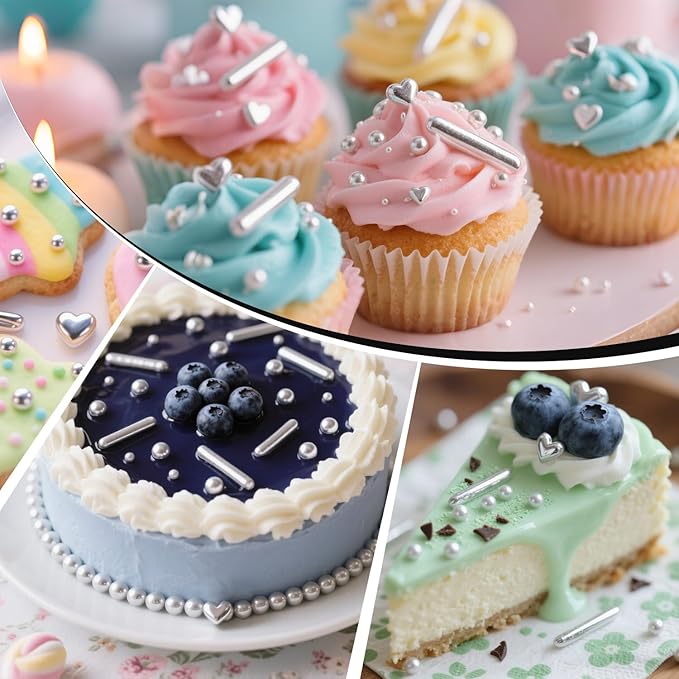Silver Pearl Rods Heart Sprinkles, Baking Sugar, Mix Size, Cupcake Decoration - Image 5
