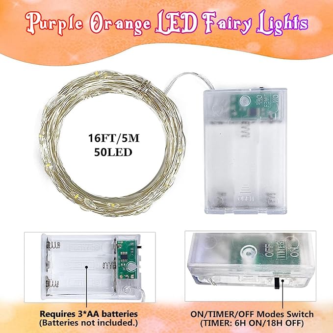 4-Pack 50 LED Orange and Purple Fairy Lights Battery Operated - Image 6