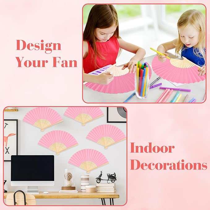 6 Pieces Pink Hand Held Bamboo Folding Fans Foldable Paper Fans Handheld - Image 4