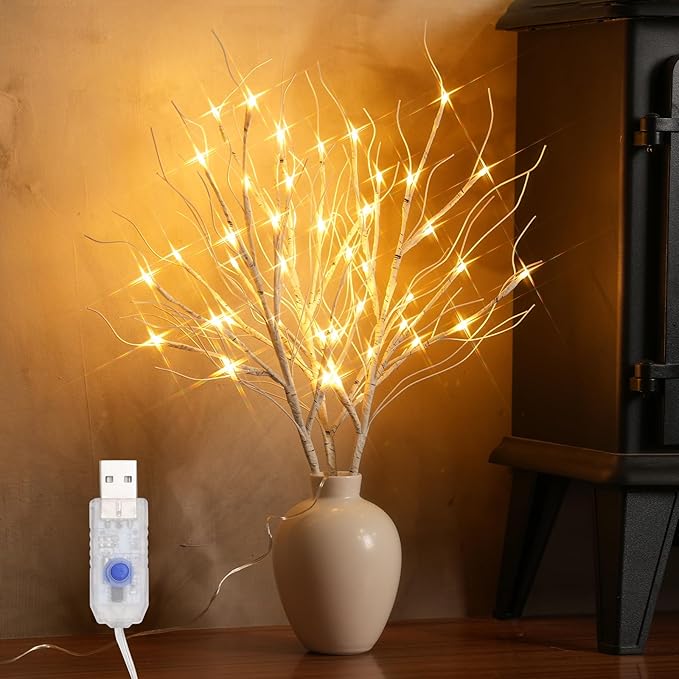 Lighted Artificial Birch Branch Tree Fairy Lights Holiday Decor, 3PK 19.7in 48 by Vonezay