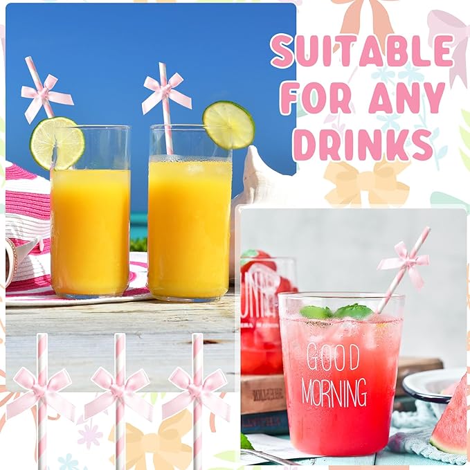 50 Pcs Pink Paper Straws for Drinking, Bow Disposable Striped Paper Straws Bulk - Image 5