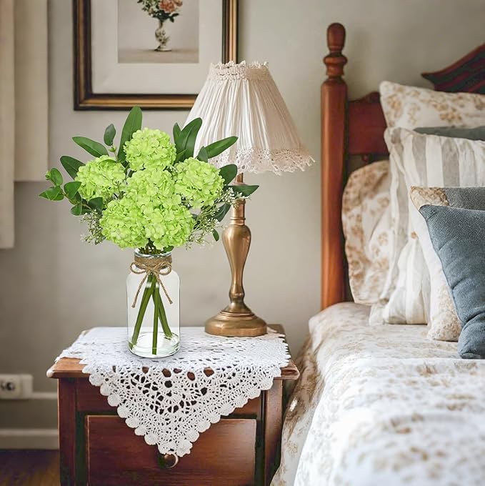 Hollyone Green Hydrangea Artificial Flowers in Clear Glass Vase - Image 6