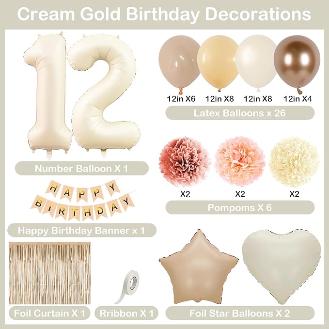 Beige 12th Birthday Decorations Girls Boys Cream Number 12 Balloon Nude Gold - Image 5