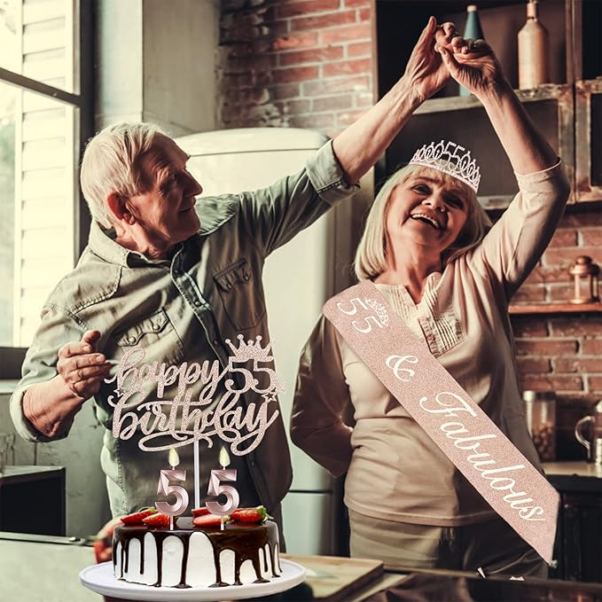 55 Birthday Decorations for Women Including Sash, Numeral Candles and Cake - Image 2