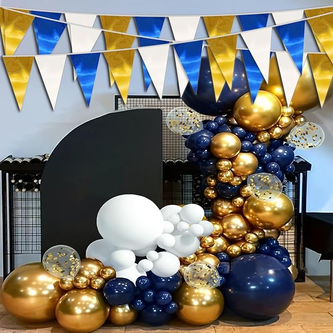 65FT Navy-Blue White Gold Triangle Pennant Banner Flag Metallic Fabric Bunting - Image 4