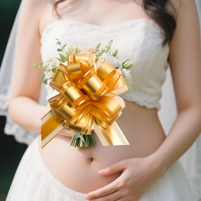 6 PCS 6 Inch Organza Golden Pull Bows - Image 6