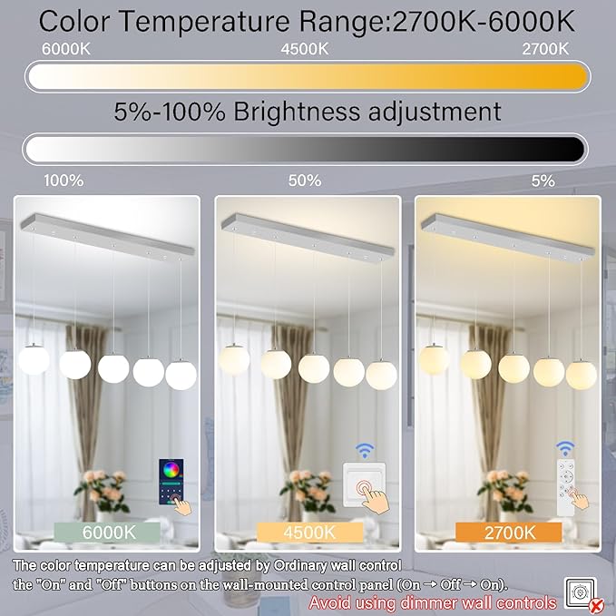 5-Lights Globe Pendant Light for Kitchen Island H 98" Silver Rectangle - Image 3