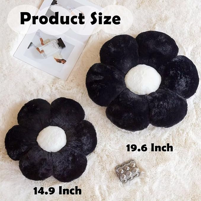 Black Flower Plush Throw Pillow, Cute Decorative Flower Shaped - Image 2
