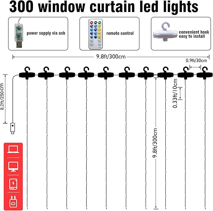 Dazzle Bright Curtain String Lights, 300 LED 9.8ft x9.8ft Warm White Fairy - Image 2