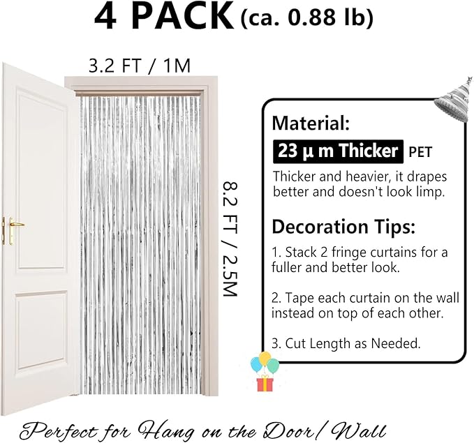 Christmas Decorations Silver Streamers Thicken 4 Pack 3.2 x 8.2 FT, Photo Booth - Image 2