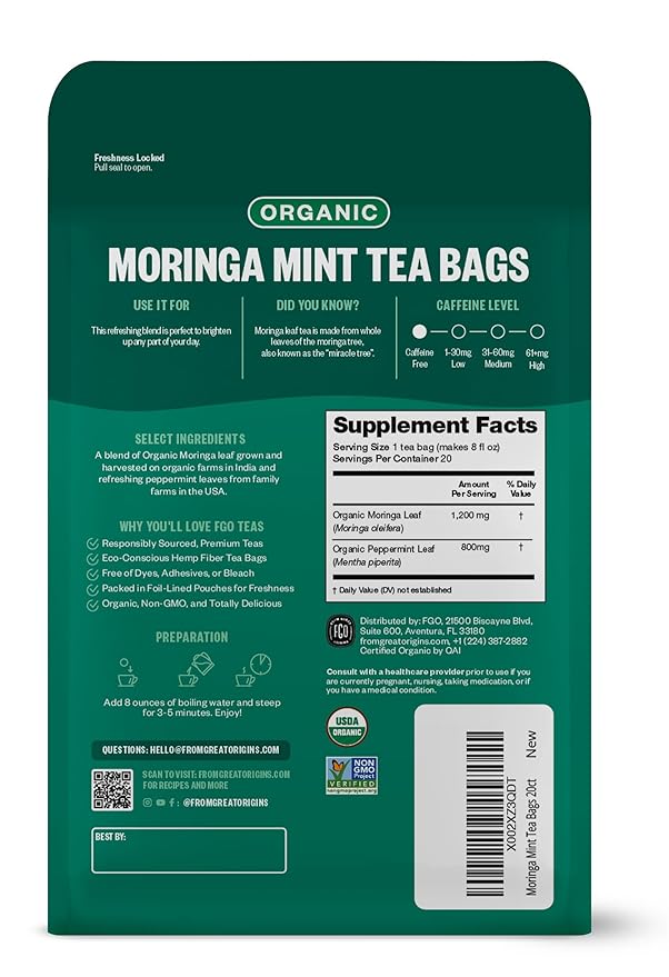 FGO Organic Moringa Mint Tea, Eco-Conscious Herbal Tea Bags, Resealable Bag - Image 2