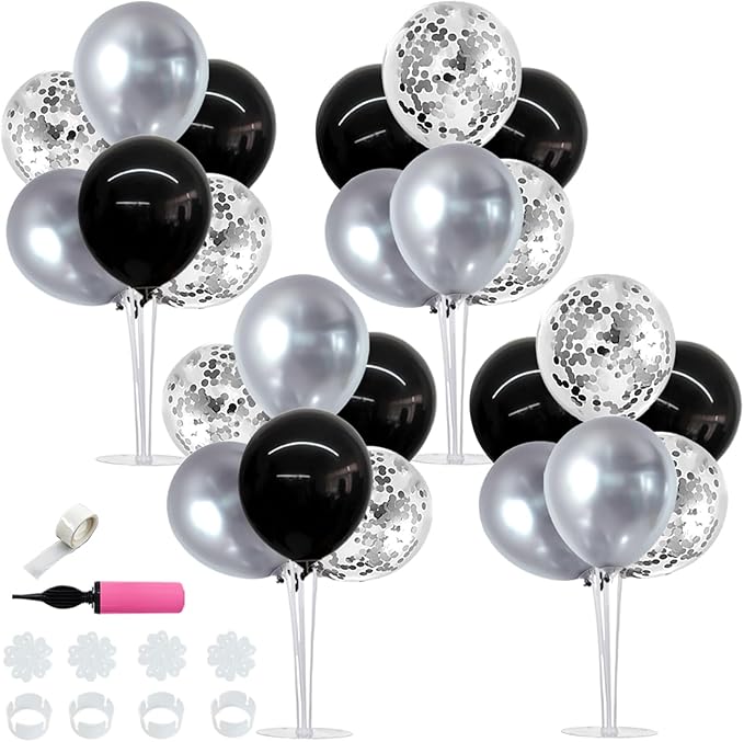 TONIFUL 4 Set Black and Silver Balloons Stand Centerpiece Table Decorations by TONIFUL