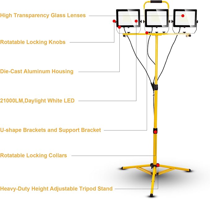 30000 Lumen Work Lights with Stand, 300W Three Head LED Work Light, Waterproof - Image 2
