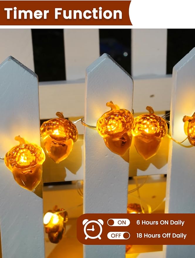 BOSSERN 2 Pack 60LED Thanksgiving Decoration Acorn String Light Battery Operated - Image 5