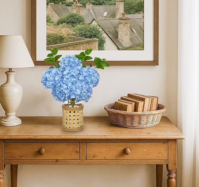 Hollyone Blue Hydrangea Artificial Flowers in Woven Glass Vase - Image 2