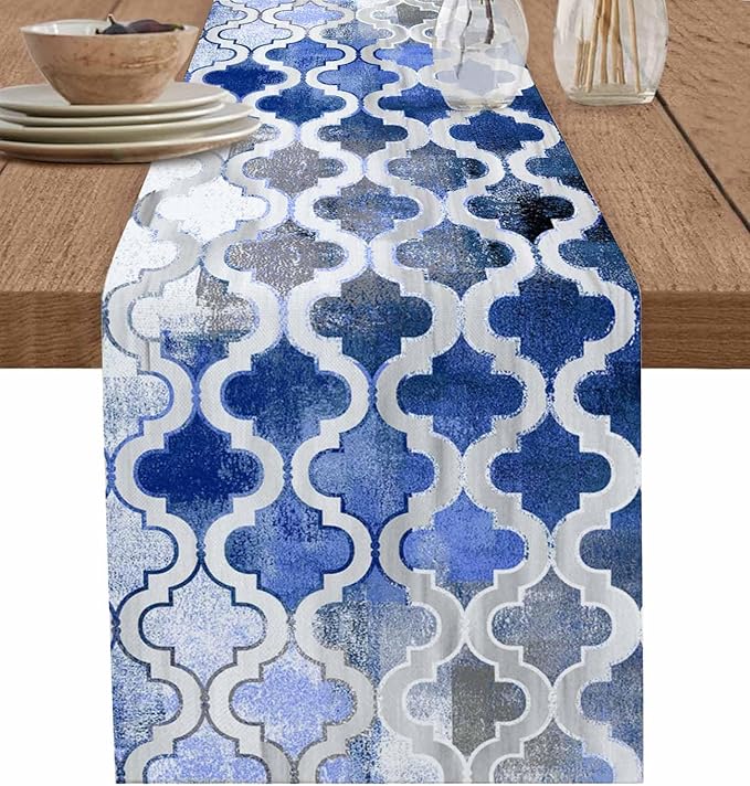 Blue Morocco Plaid Cotton Linen Table Runner by Unknown