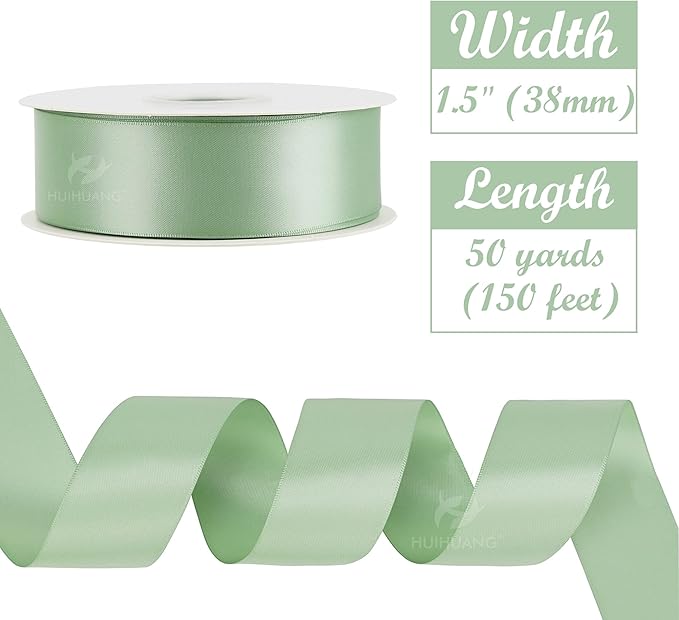 HUIHUANG 1-1/2 inch Double Face Satin Ribbon, Polyester Satin Sage Green Ribbon - Image 2