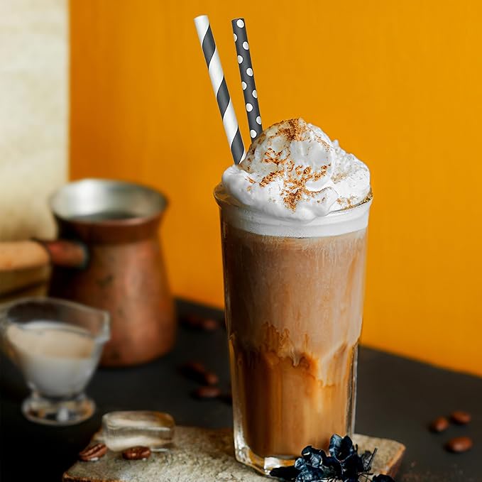200 Black Straws, Biodegradable Black and White Paper Striped Straws - Image 3