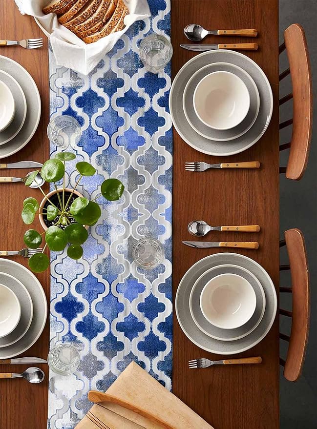 Blue Morocco Plaid Cotton Linen Table Runner - Image 5