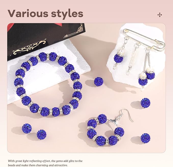 105pcs 10mm Rhinestone Beads for Jewelry Making, Dark Blue Shiny Round Disco - Image 2