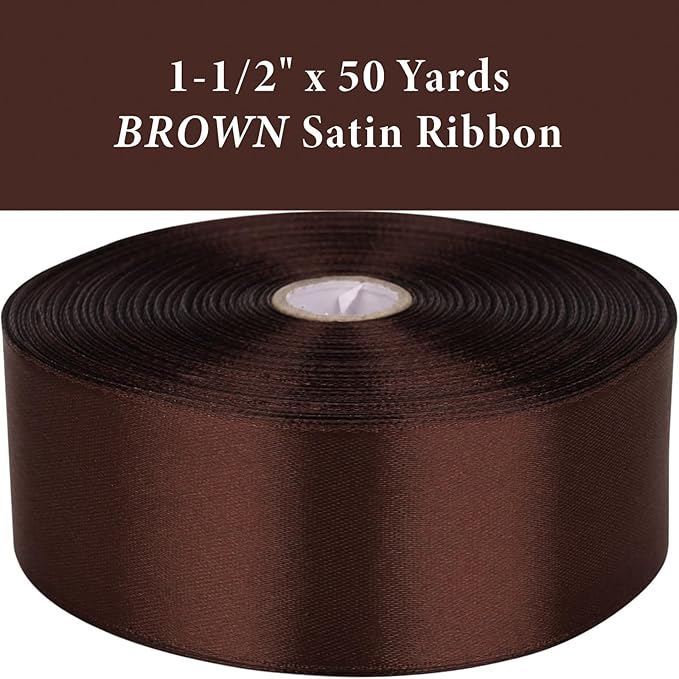 1-1/2 Inch Brown Satin Ribbon 50 Yards Solid Fabric Ribbons - Image 2