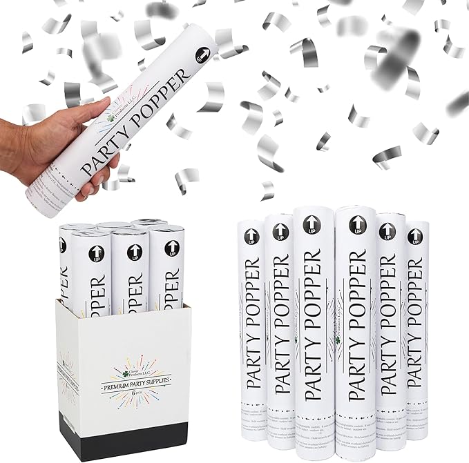 Confetti Cannon 12" – 6 Pack Silver Mylar Confetti Poppers | Party Poppers - Image 2