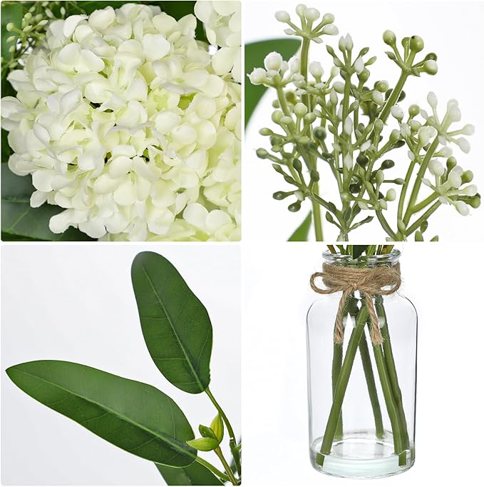 Hollyone White Hydrangea Artificial Flowers in Clear Glass Vase - Image 3