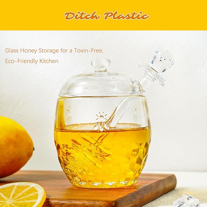 kanpura Honey Pot with Dipper and Lid Glass Honey Jar with Dipper Wide Mouth - Image 4
