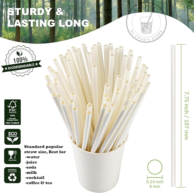 White Paper Drinking Straws Bulk, 7.75" Long, 0.24" Diameter - Image 2